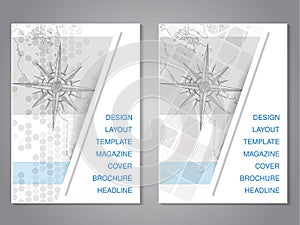 Modern brochure with hand draw map and compass design, flyer with grey dotted background. Layout template.