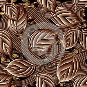 Modern brown 3d coffee beans seamless pattern.