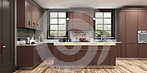 Modern brown kitchen interior in classic style with wooden facades in neutral colors.