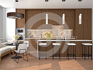 Modern brown kitchen interior with island and dining area.