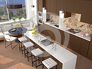 Modern brown kitchen interior with island and dining area.