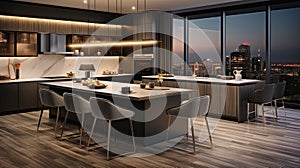 modern brown kitchen interior with stunning city view
