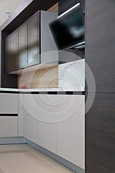 Modern brown wood white lacquer paint and oak kitchen cabinet equipment, luxury in a home