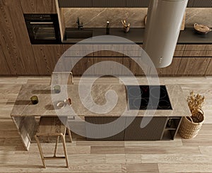 Modern brown wooden kitchen interior, dining area. Furnished by table and chairs for eating. Parquet floor. High quality