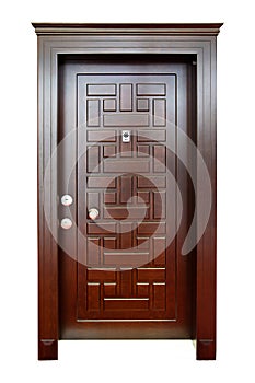 Modern brown wooden looking steel door, electronic security lock system, isolated on white background