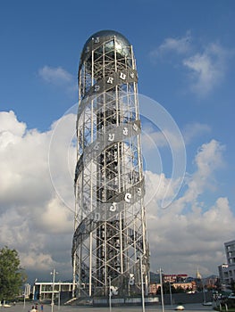 Modern building, alphabet tower on the seafront in Batumi, Black Sea beach, Georgia