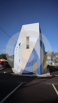 Modern building with angular design and bold color blocks