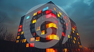 Modern building with colorful illuminated windows at dusk