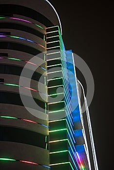 Modern building with colourful lights.
