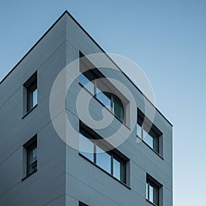 Modern building corner with a minimalist design. Features clean, sharp lines and large