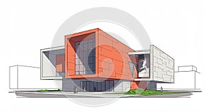 Modern building with a distinctive, angular design featuring large rectangular and