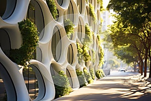 Modern building exterior, green plants on futuristic wall, vertical forest