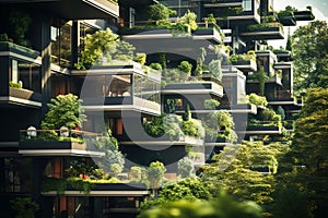 Modern building exterior, green plants on wall, vertical forest