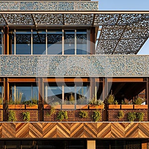 Modern building facade featuring decorative elements and natural materials