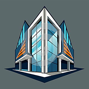 A modern building featuring a striking blue and orange design with asymmetrical windows, A futuristic building with asymmetrical