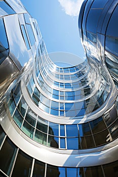 Modern building with futuristic design, abstract curve shapes, glass and sky. Low angle of high-rise tower, wavy geometric facade
