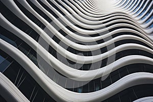 Modern building with futuristic design, abstract curve shapes. Low angle of high-rise tower, wavy geometric facade. Concept of