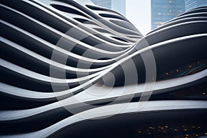 Modern building with futuristic design, abstract curve shapes on sky background. Low angle of high-rise tower, wavy geometric