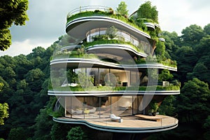 Modern building in the green forest.3d rendering. Computer digital drawing, Ecofriendly building in the modern city, AI Generated