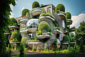 Modern building with green plants in the city park.3d rendering, Ecofriendly building in the modern city, AI Generated