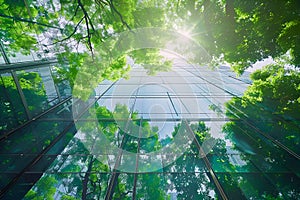 Modern building with green trees. Sustainable built environment