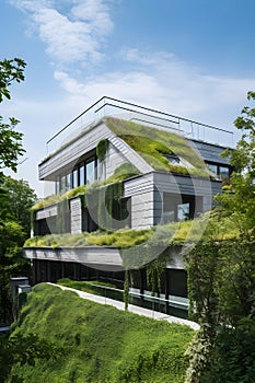 A modern building with greenery adorning each level, exemplifies biophilic architecture