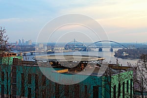 Modern building with the helipad. Beautiful landscape view of ancient Podil