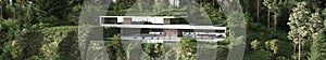 Modern building home with terrace and swimming pool. Beautiful mountains with forest. 3d rendering illustration exterior