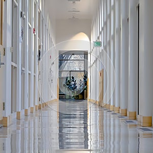 Modern building interior hallway with exit sign