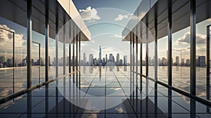 Modern building interior with reflective floor, large windows showcasing a stunning cityscape under a partly cloudy sky