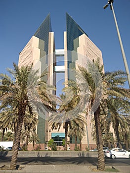 Modern building in Riyadh sharp edges and bridge connection between two symmetrical buildings