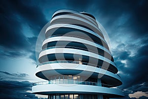 A modern building in rounded shapes against a dark sky. Generated by AI