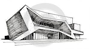 Modern building sketch with bold, angular design. The structure features sharp,