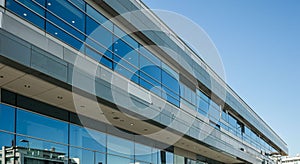Modern building with sleek, angular architecture features large glass windows