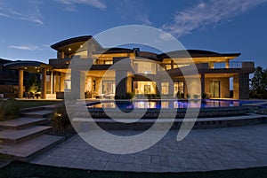 Modern Building With Swimming Pool At Dusk