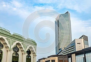 Modern building and traditional decorated buildings, Al Khobar, Saudi Arabia