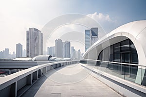 modern building, with view of futuristic cityscape, featuring sleek and clean lines