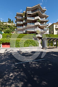 Modern building view from outside with road photo