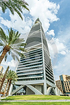 Modern buildings in the Al Olaya downtownt district with palms in the foreground, Al Riyadh