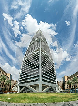 Modern buildings in the Al Olaya downtownt district with palms in the foreground, Al Riyadh photo