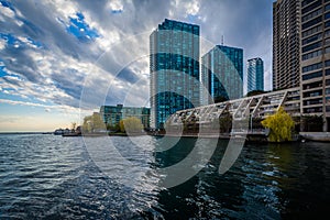 Modern buildings along Lake Ontario at the Harbourfront, in Toronto, Ontario.