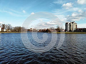 Modern buildings on city embankment in Kaliningrad