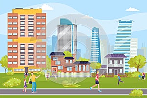 Modern buildings cityscape, people on streets, business center vector illustration.Constructions, skyscrappers of urban