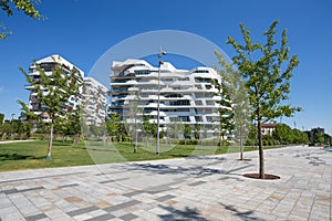 Modern buildings and condos in `City Life` 3 Torri place in Milan, Italy.