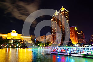 Modern buildings and cruise ships by the river