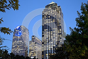 Modern buildings in downtown Dallas night scenes