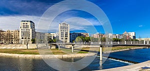 Modern buildings in Montpellier by river Lez - France