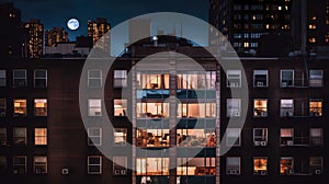 modern buildings at night,New York city panorama at night view from windows blurred light urban