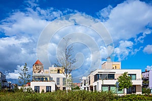 Modern buildings and old church in the city Rostock, Germany