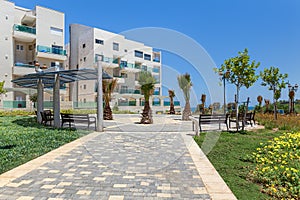 Modern buildings and small square in Ashqelon, Israel.